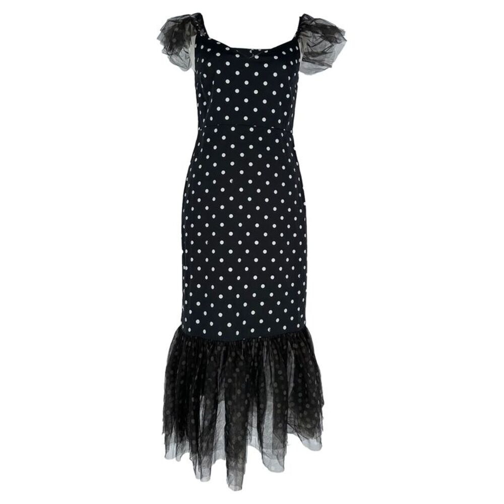 Staud Tulle Trim Polka Dot Midi Dress in Black Cotton